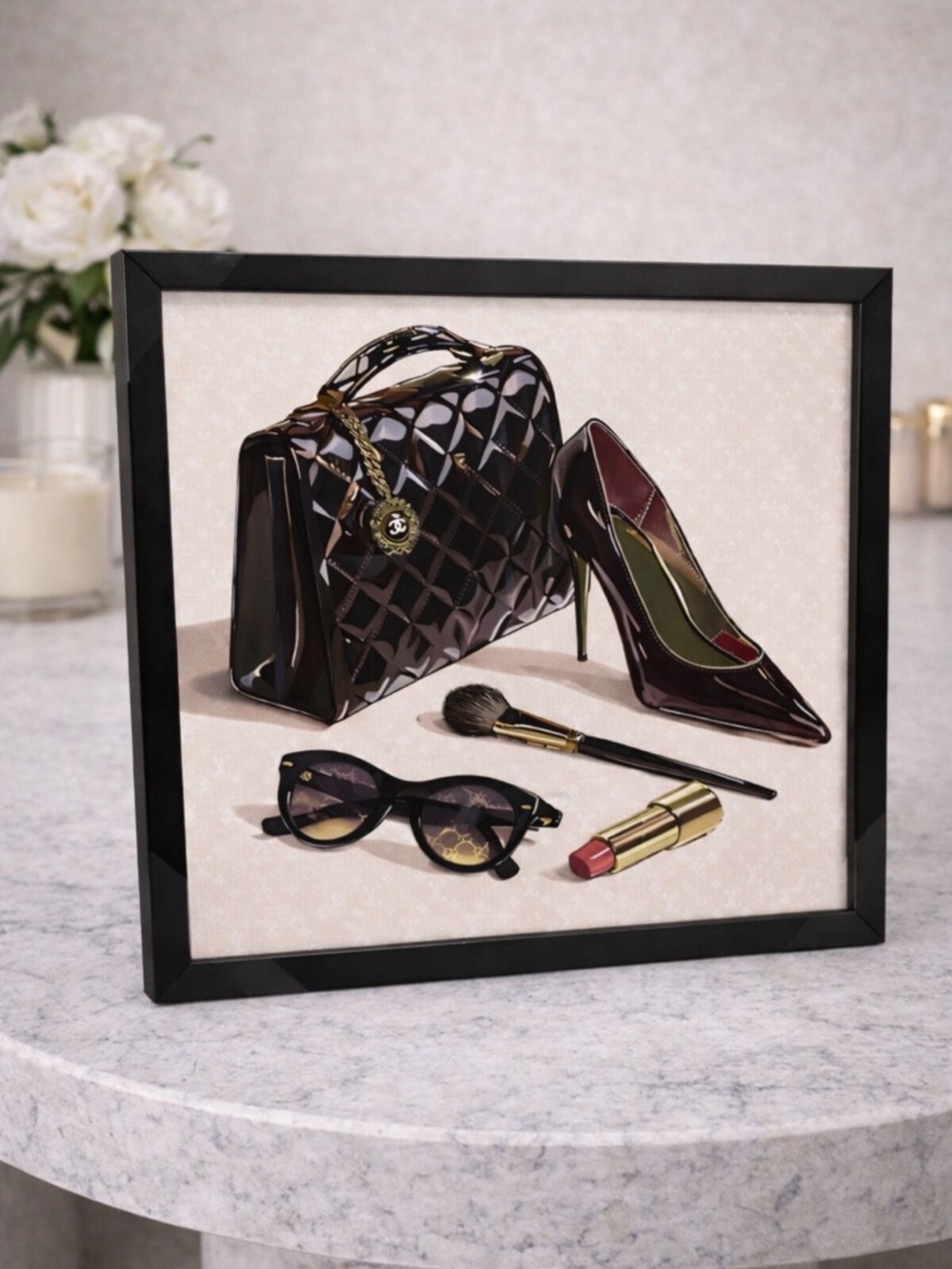 CHANEL Black Gold Fashion Art Framed Print Handbag Heels Home Decor NWT